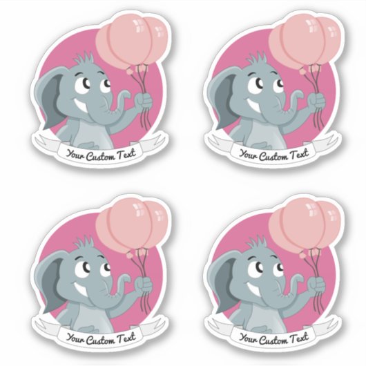 ピンク色の風船と文字を持つカートゥーン象 シール (正面)