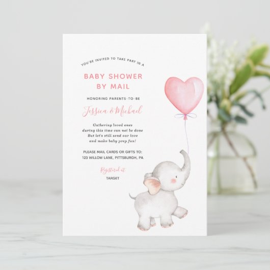 ピンク色の風船の赤ちゃんシャワー付き象（郵便） 招待状 (スタンド正面)