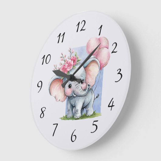 ピンク色の風船を持つ可愛い象ガールギフト ラージ壁時計 (傾斜)