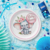 ピンク色の風船を持つ可愛い象ガールベイビーシャワー ペーパープレート (パーティー)