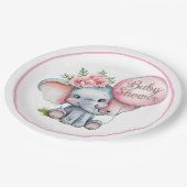 ピンク色の風船を持つ可愛い象ガールベイビーシャワー ペーパープレート (アングル)