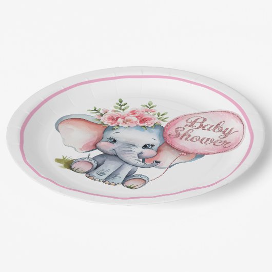 ピンク色の風船を持つ可愛い象ガールベイビーシャワー ペーパープレート (アングル)