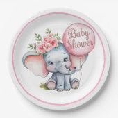 ピンク色の風船を持つ可愛い象ガールベイビーシャワー ペーパープレート (正面)