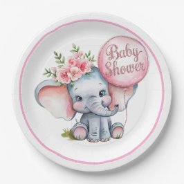 ピンク色の風船を持つ可愛い象ガールベイビーシャワー ペーパープレート