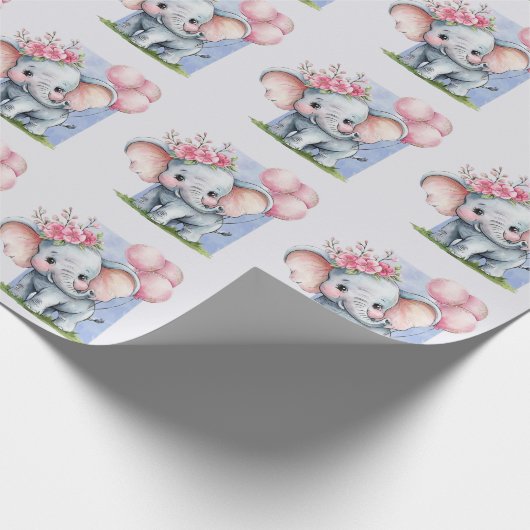 ピンク色の風船を持つ可愛い象ガール ラッピングペーパー (角)