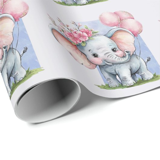 ピンク色の風船を持つ可愛い象ガール ラッピングペーパー (ロールコーナー)