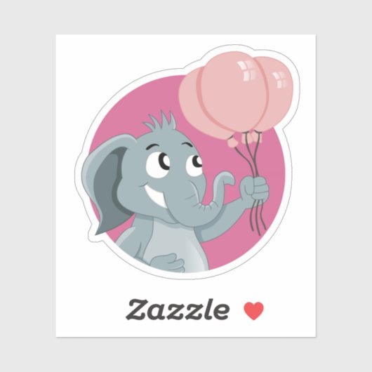 ピンク色の風船を持つ漫画の象 シール (シート)