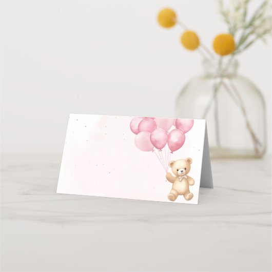 ピンク色の風船テディベア赤ちゃんシャワー プレイスカード (正面)