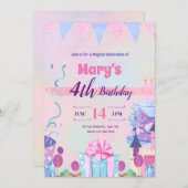 ピンク色の魔法の可愛ガーリーい 招待状 (正面/裏面)