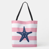 ピンク色の魚に青い星をストライプ トートバッグ (裏面)