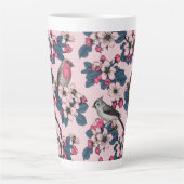 ピンク色の鳥と花 カフェラテマグ (正面)