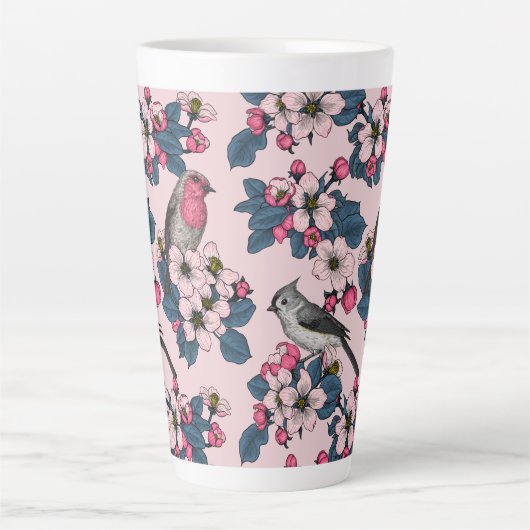 ピンク色の鳥と花 カフェラテマグ (正面)