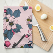 ピンク色の鳥と花 キッチンタオル (四つ折り)