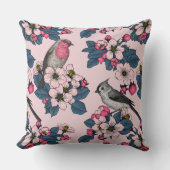 ピンク色の鳥と花 クッション (正面)