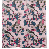 ピンク色の鳥と花 シャワーカーテン (正面)