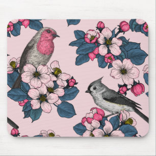 ピンク色の鳥と花 マウスパッド