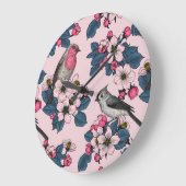 ピンク色の鳥と花 ラージ壁時計 (傾斜)