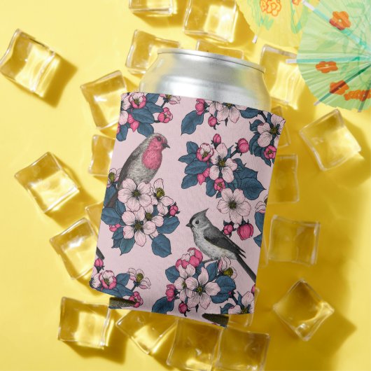 ピンク色の鳥と花 缶クーラー (インサイチュ 夏)