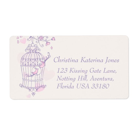 ピンク色の鳥結婚かご差出人住所ラベル ラベル (正面)
