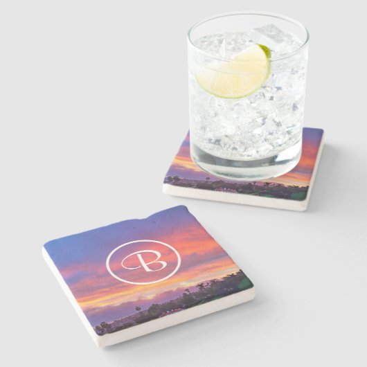 ピンク色の黄色い夕日の写真カスタムモノグラはっきりしたム ストーンコースター (横)