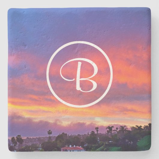 ピンク色の黄色い夕日の写真カスタムモノグラはっきりしたム ストーンコースター (正面)