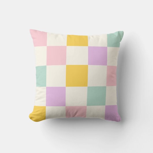 ピンク色の黄色い市松模様にアクア市松模様に模様 クッション (正面)