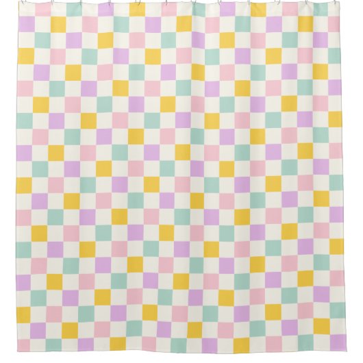 ピンク色の黄色い市松模様にアクア市松模様に模様 シャワーカーテン (正面)