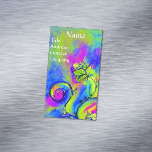 ピンク色の黄色い緑のお洒落花 マグネット名刺 (インサイチュ)