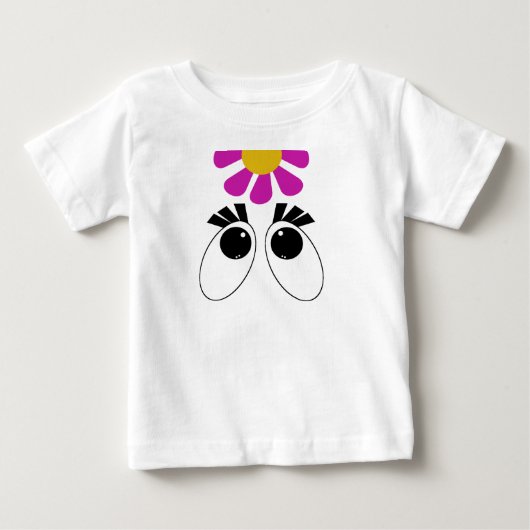 ピンク色の黄色い花を持つ漫画の目 ベビーTシャツ (正面)