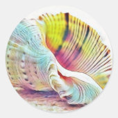 ピンク色の黄色い貝の水色 ラウンドシール (正面)
