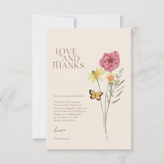 ピンク色の黄色い野感謝してい花の愛と結婚の サンキューカード (正面)