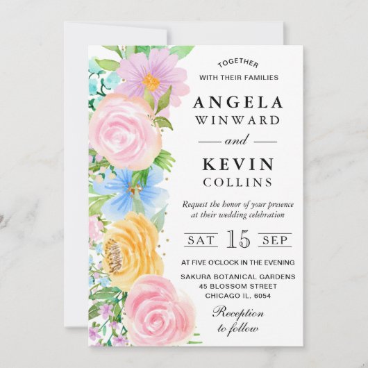 ピンク色の黄色と青のボホの花結婚の数 招待状 (正面)