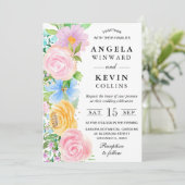 ピンク色の黄色と青のボホの花結婚の数 招待状 (スタンド正面)