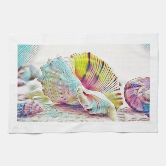 ピンク色の黄色と青の海絵画の色 キッチンタオル (横)