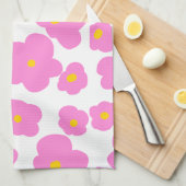 ピンク色の黄色デイジーの花モダンのエレガント模様 キッチンタオル (四つ折り)