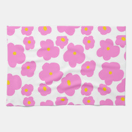 ピンク色の黄色デイジーの花モダンのエレガント模様 キッチンタオル