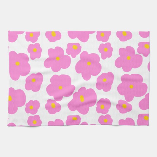 ピンク色の黄色デイジーの花モダンのエレガント模様 キッチンタオル (横)