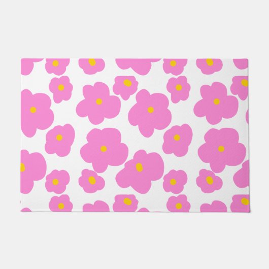 ピンク色の黄色デイジーの花モダンのエレガント模様 ドアマット (正面)