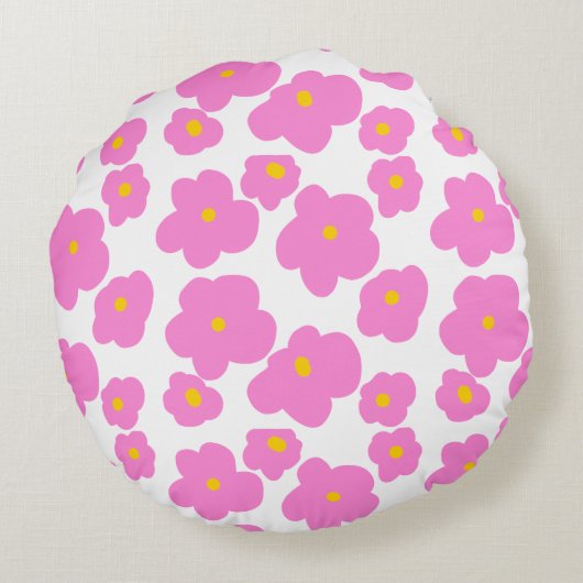 ピンク色の黄色デイジーの花モダンのエレガント模様 ラウンドクッション (裏面)