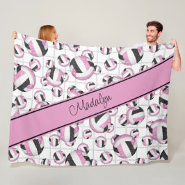 ピンク色の黒いガーリーバレーボールのパターン網アクセント フリースブランケット