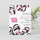 ピンク色の黒いバレーボールの女の子の誕生日 招待状 (スタンド正面)