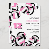 ピンク色の黒いバレーボールの女の子の誕生日 招待状 (正面/裏面)