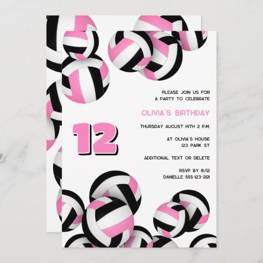 ピンク色の黒いバレーボールの女の子の誕生日 招待状 (正面/裏面)