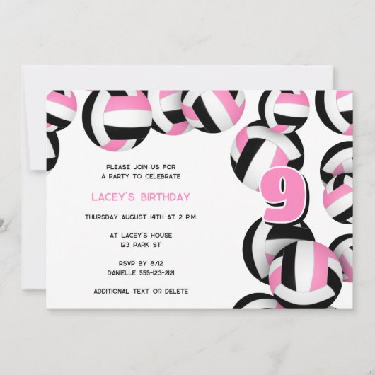 ピンク色の黒いバレーボールガールズスポーツ誕生日パーティー 招待状 (正面)