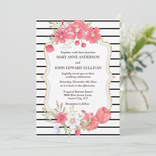 ピンク色の黒いワイルドフラワーの水色の国の結婚式 招待状 (スタンド正面)