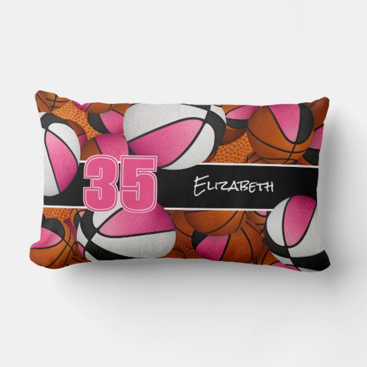 ピンク色の黒い多数のバスケットボールの女の子スポーツルーム ランバークッション (正面)