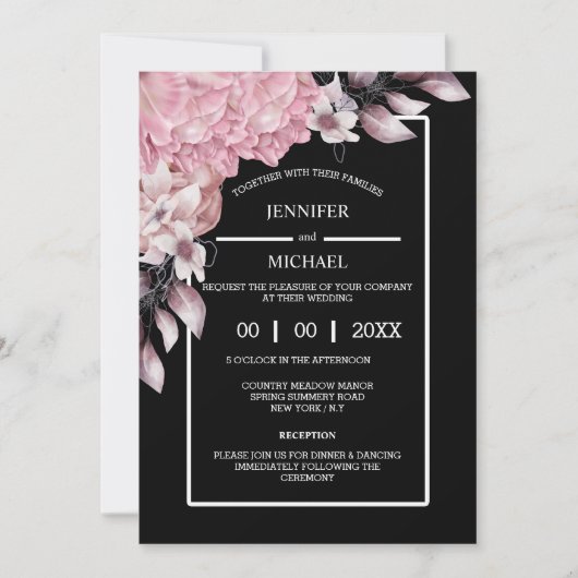 ピンク色の黒い牡丹フローラ濃いムーディエレガントーナイト 招待状 (正面)