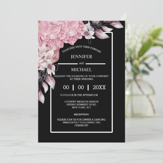 ピンク色の黒い牡丹フローラ濃いムーディエレガントーナイト 招待状 (スタンド正面)