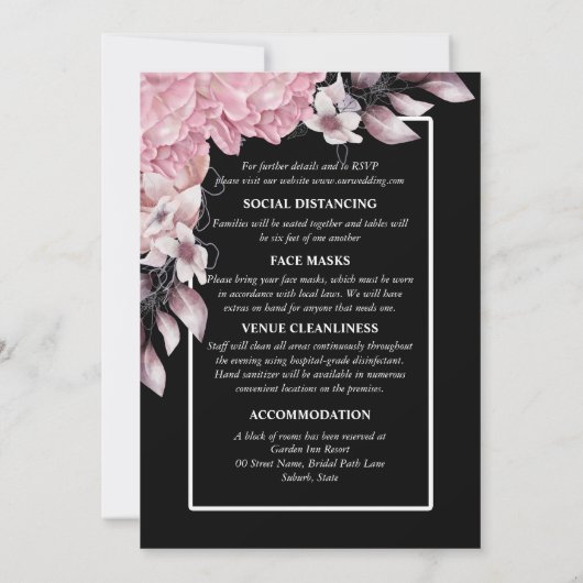 ピンク色の黒い牡丹フローラ濃いムーディエレガントーナイト 招待状 (裏面)