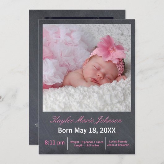 ピンク色の黒板写真-誕生の告知 案内状 (正面/裏面)